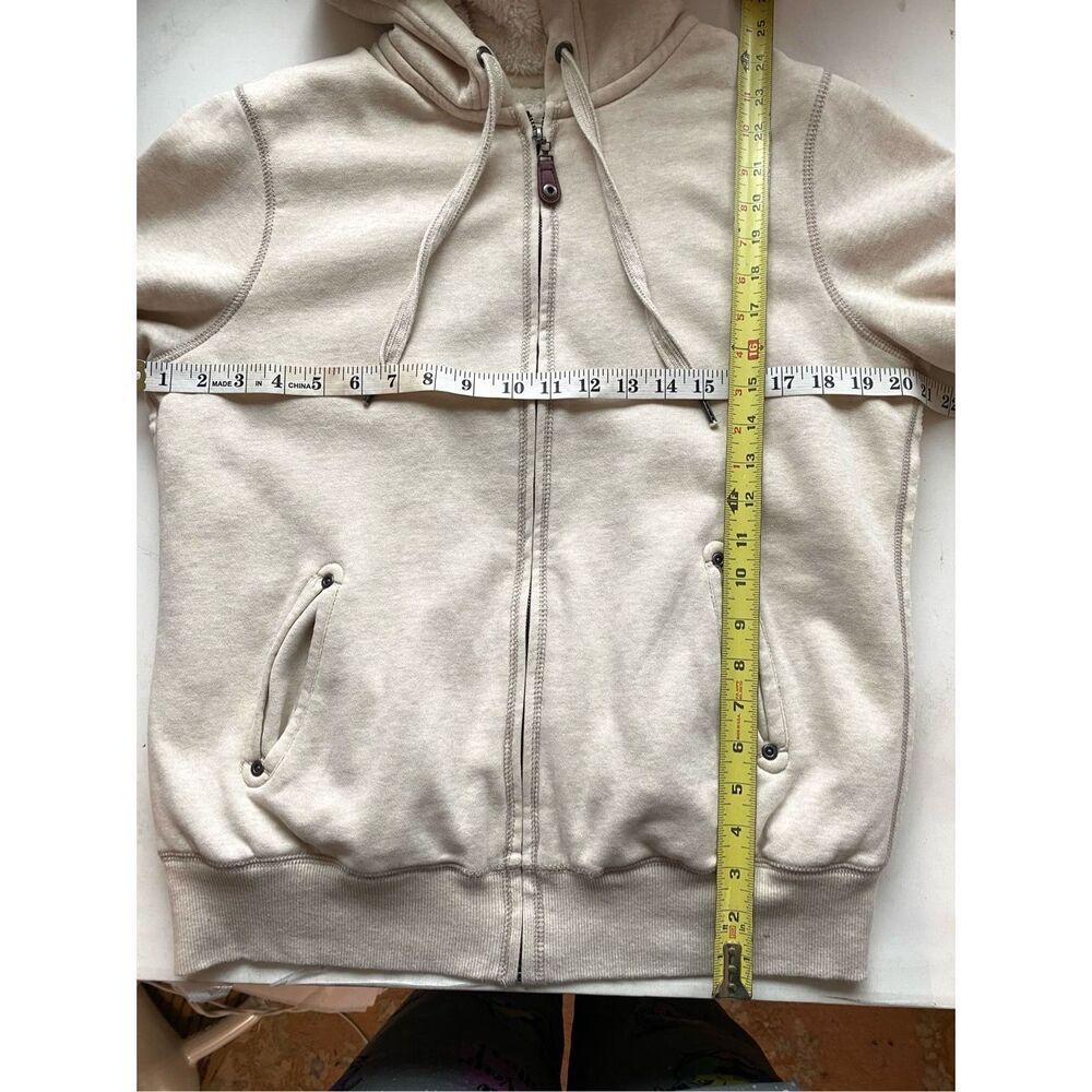 Green Tea Sweatshirt Zip-up Cream Jacket Lined Faux Fur Hooded Women’s Medium Co - Picture 6 of 10